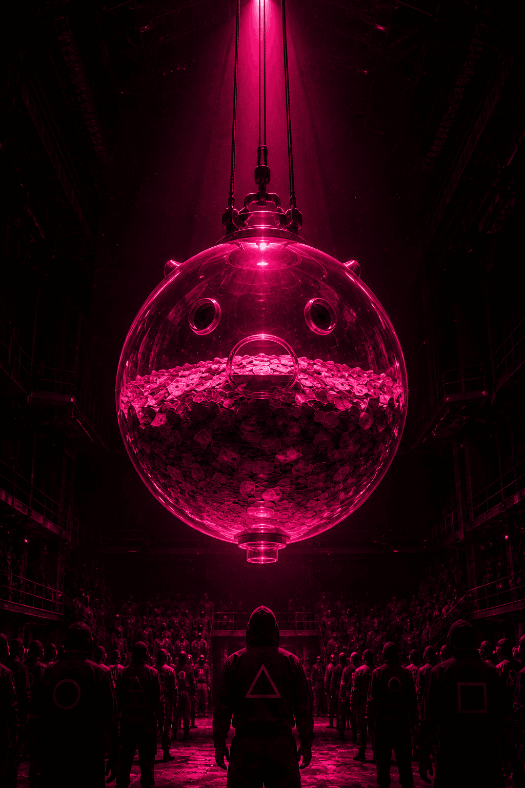 The glass prize vault filled with $SQUID over the arena